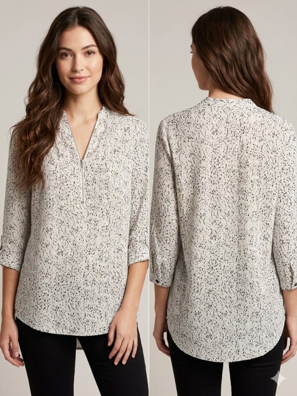 Jaclyn Smith Collection Size XL Long Sleeve Blouse White Speckled Print Zip Neck